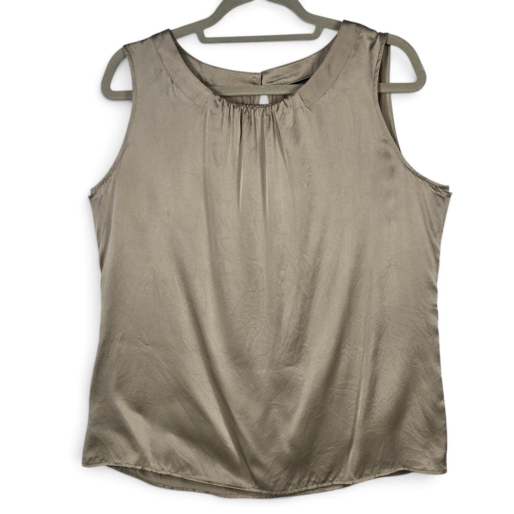 Talbots Blouse Womens 10 Silk Shell Taupe Sleeveless Pleated Neck EUC Career Top